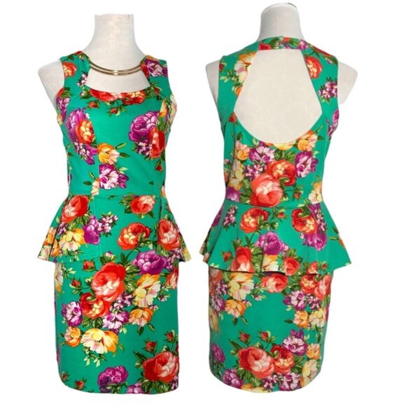 Glam Doll Dress Sleeveless Back Keyhole Cutout Bodycon Pendulum Green Floral M - Picture 3 of 16
